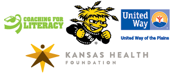 Logos of the partners that helped lead the Coaching for Literacy initiative with United Way of the Plains, including WSU Men's Basketball Team and Kansas Health Foundation. 
