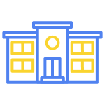 School_RGB Blue and yellow icon of a school building.