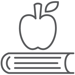Gray icon of an apple sitting on top of a textbook for our work in education